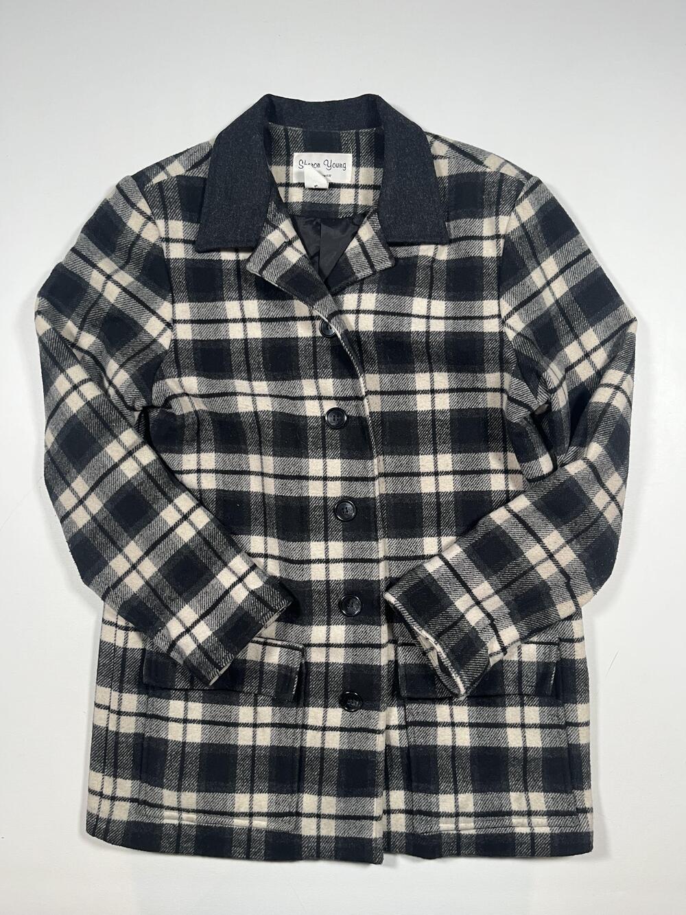 Vintage Sharon Young Blazer Jacket Womens Medium Black Plaid Flannel Lined USA